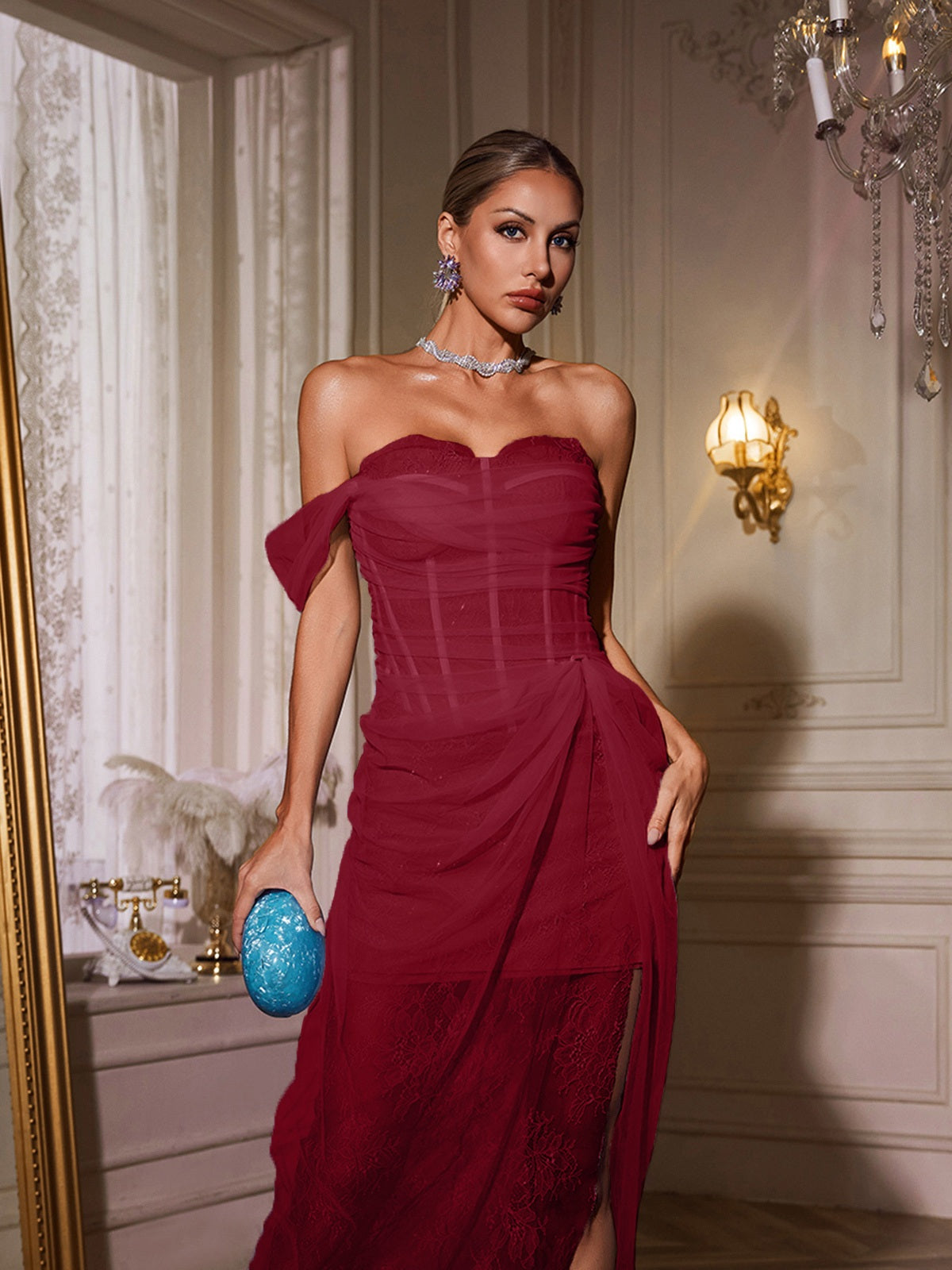 One Shoulder Lace Split Midi Dress In Wine