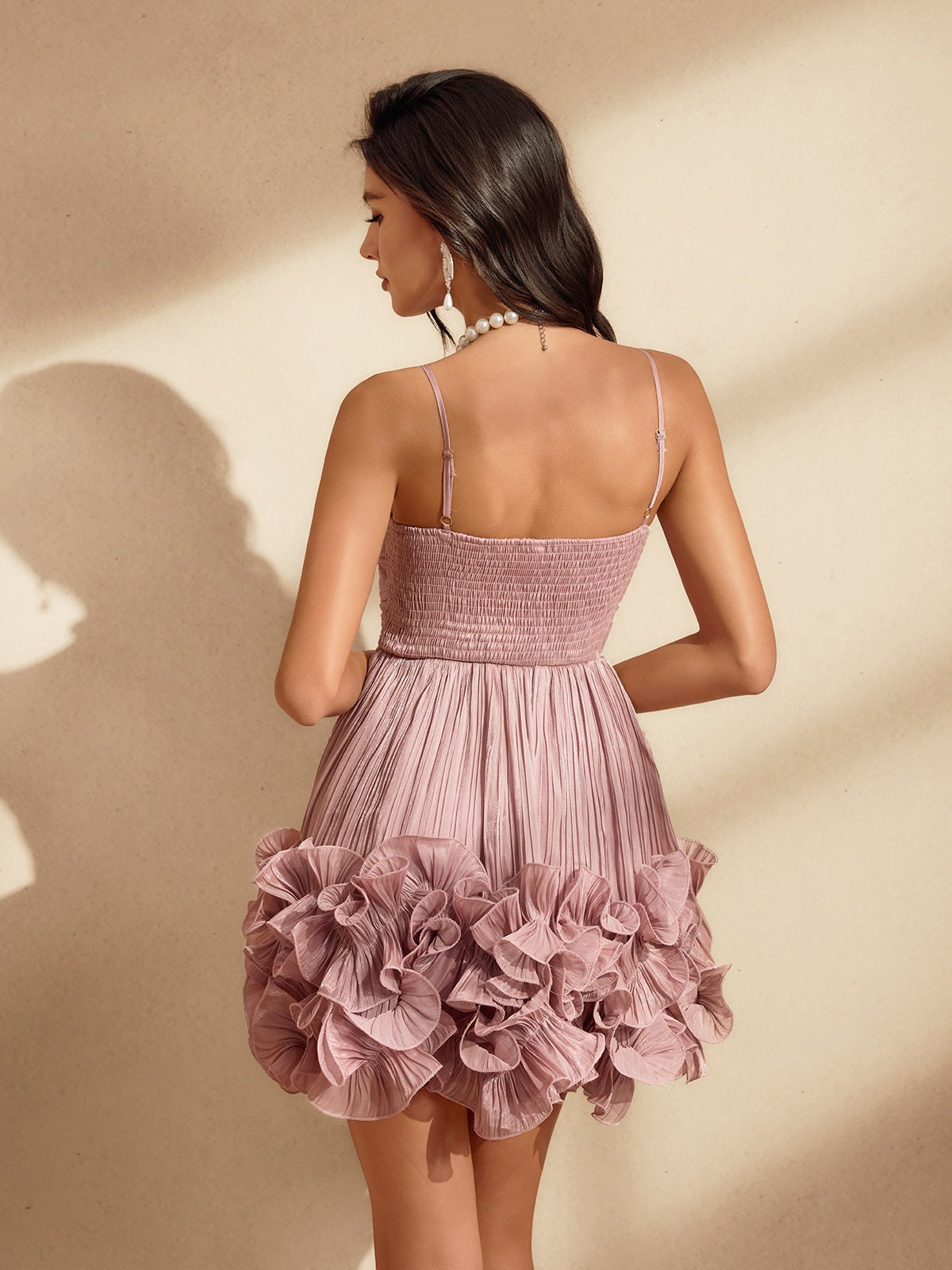 Spaghetti Flower Ruffle Mini Dress In Pink