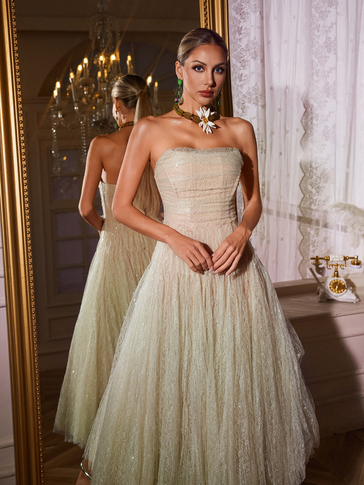 Strapless Ruched Mesh Midi Dress In Green