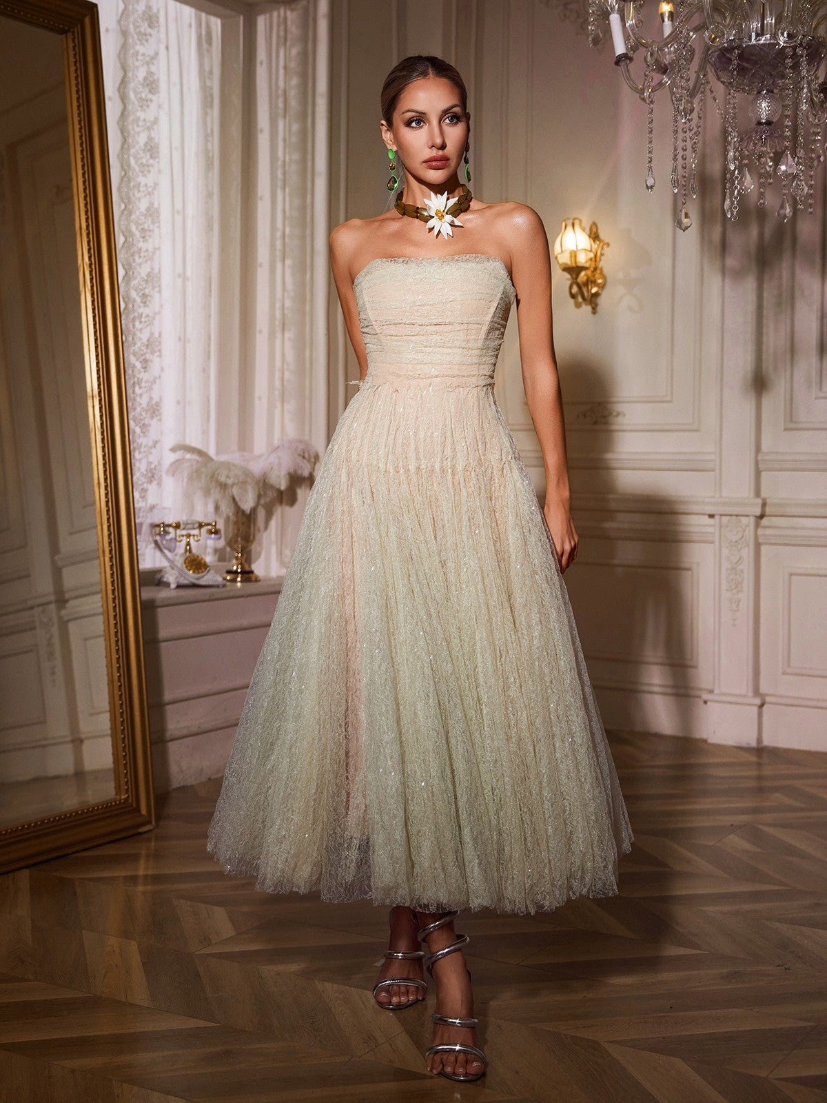 Strapless Ruched Mesh Midi Dress In Green