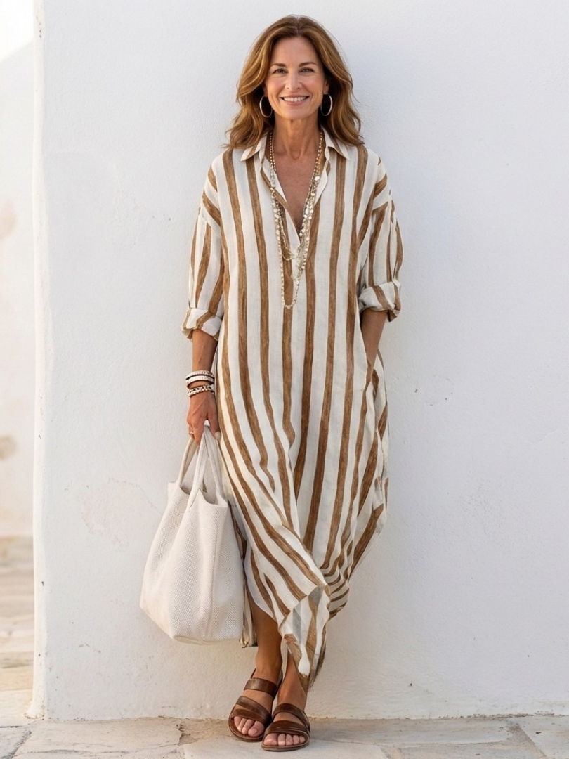 Collared Striped Long Sleeve Linen Shirt Maxi Dress