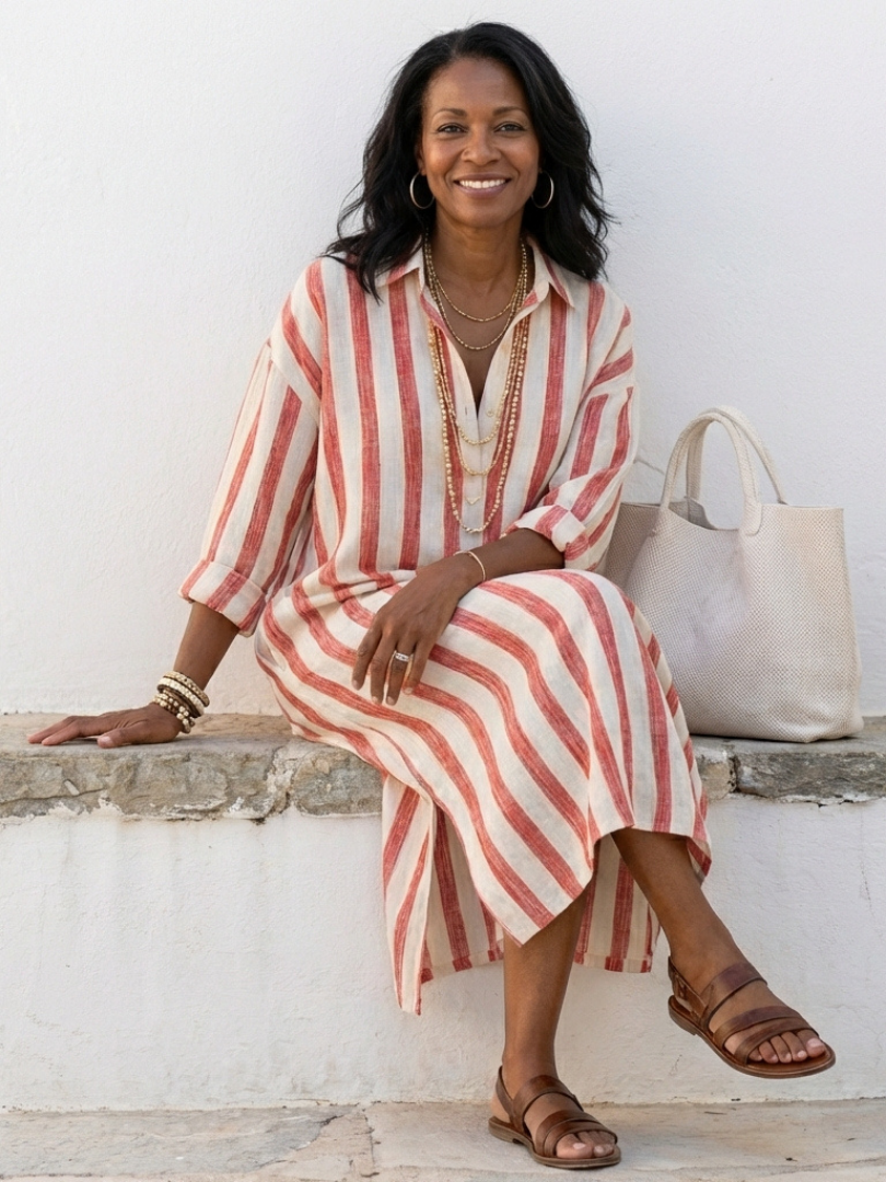 Collared Striped Long Sleeve Linen Shirt Maxi Dress