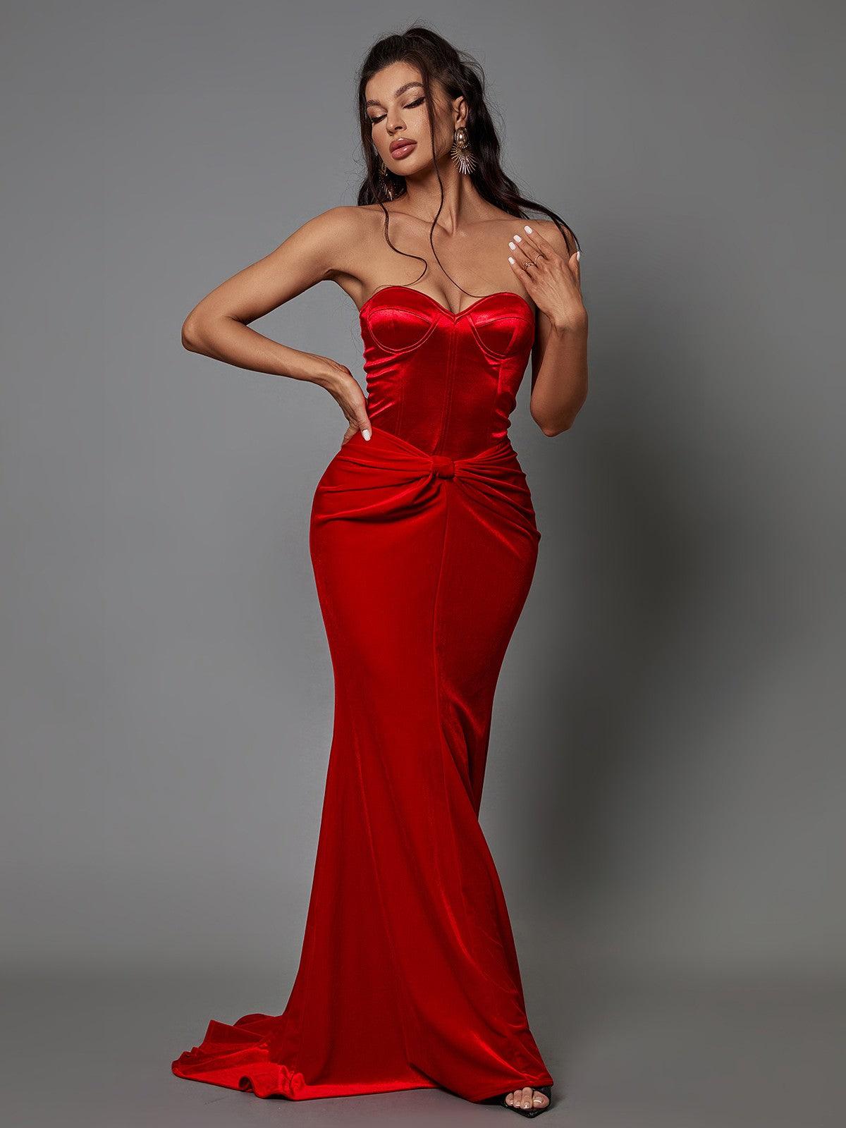 Strapless Sweetheart Velvet Twist Front Mermaid Maxi Gown