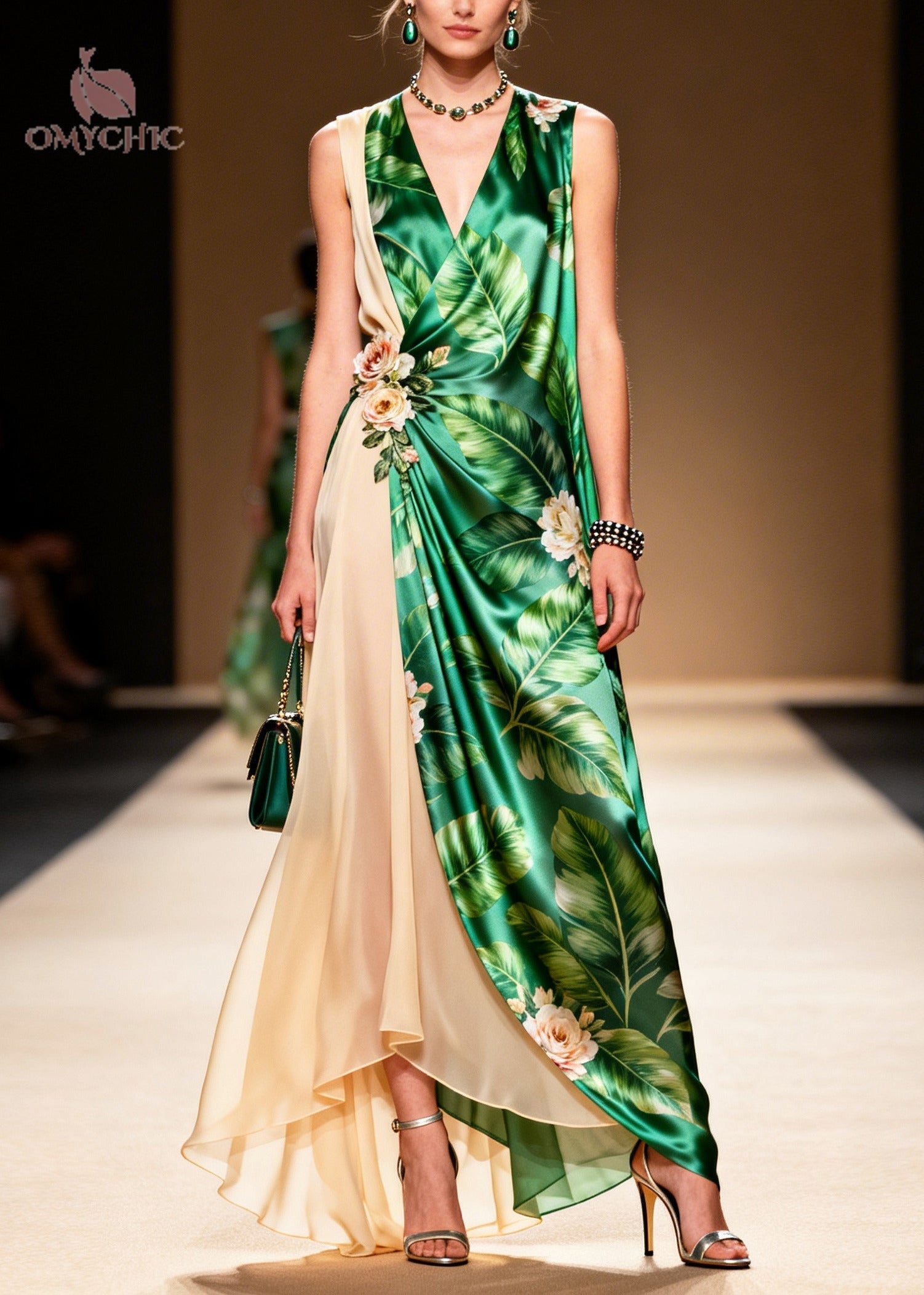 Natural Green Patchwork Flower Chiffon Vacation Dresses Sleeveless
