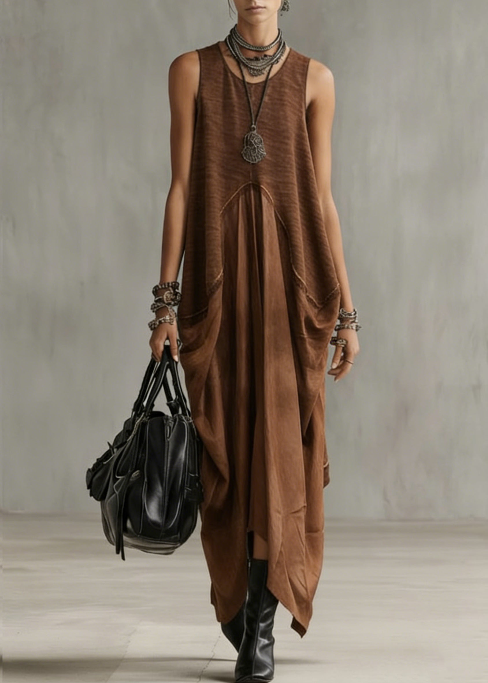 Natural Khaki O-Neck Patchwork Solid Long Dress Summer