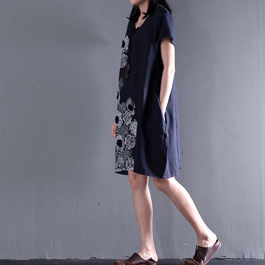 Navy Embroideries flower linen sundresses summer shift dress blouse