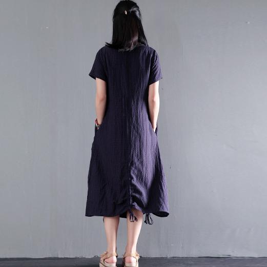 Navy drawstring linen maxi dress for summer unique long sundresses
