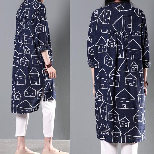 Navy happy house print cotton shirt dress summer shift dresses asymmetrical sundress