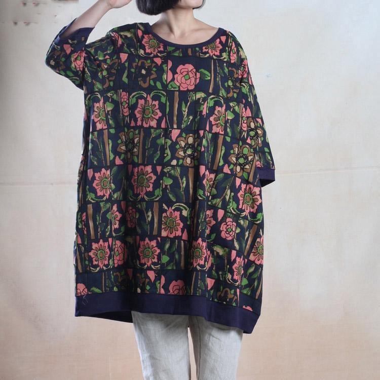 Navy print oversize cotton summer dress plus size sundress 3 quarter sleeve