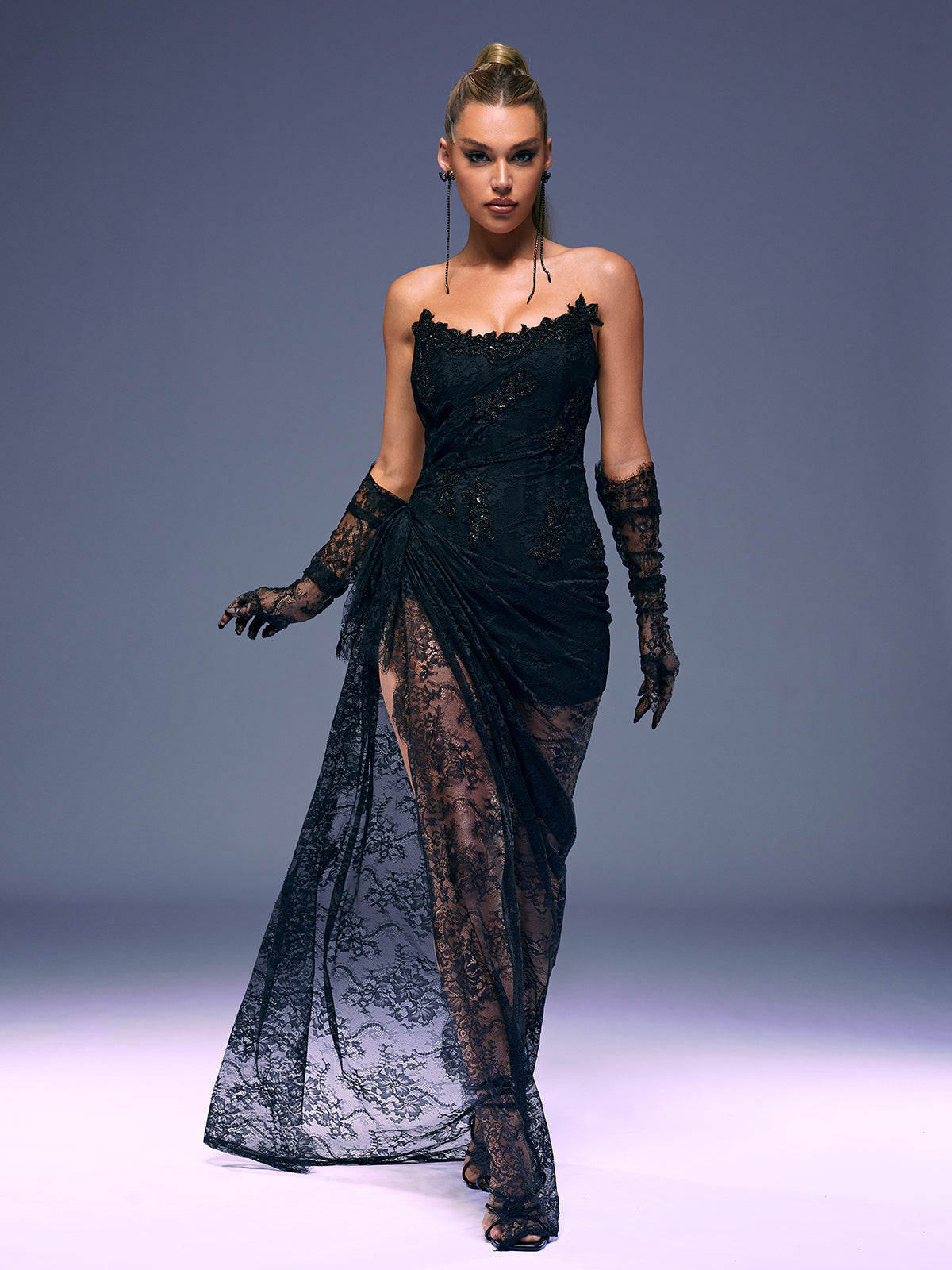 Strapless Beaded Lace Applique Sheer High Slit Mermaid Gown 3