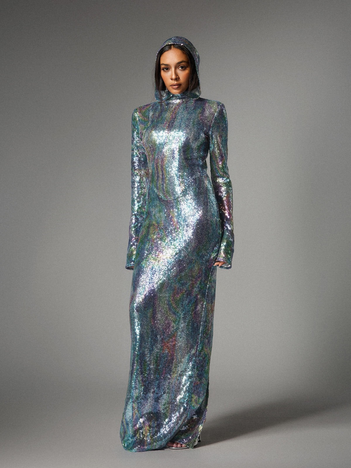 Ombre Long Sleeve Hooded Maxi Dress In Light Blue