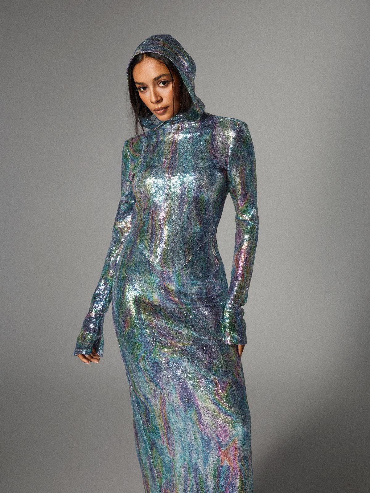 Ombre Long Sleeve Hooded Maxi Dress In Light Blue