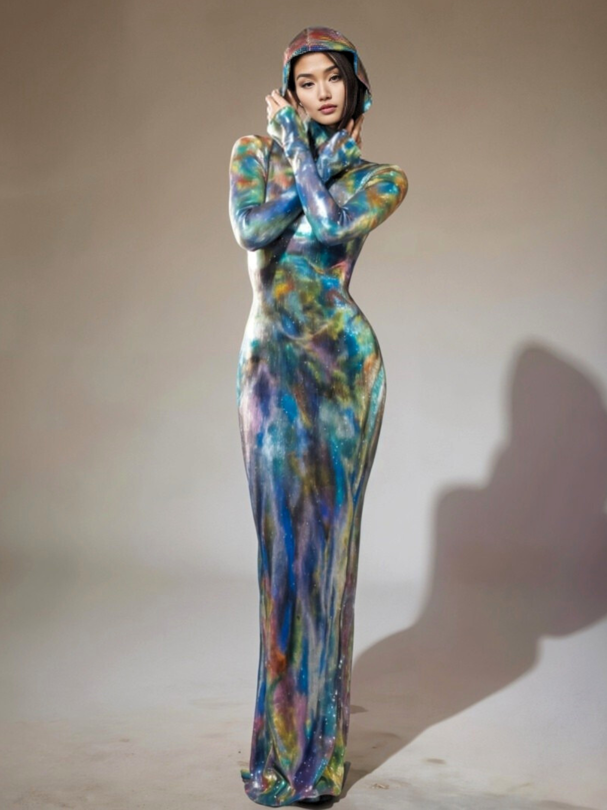 Ombre Long Sleeve Hooded Maxi Dress In Blue