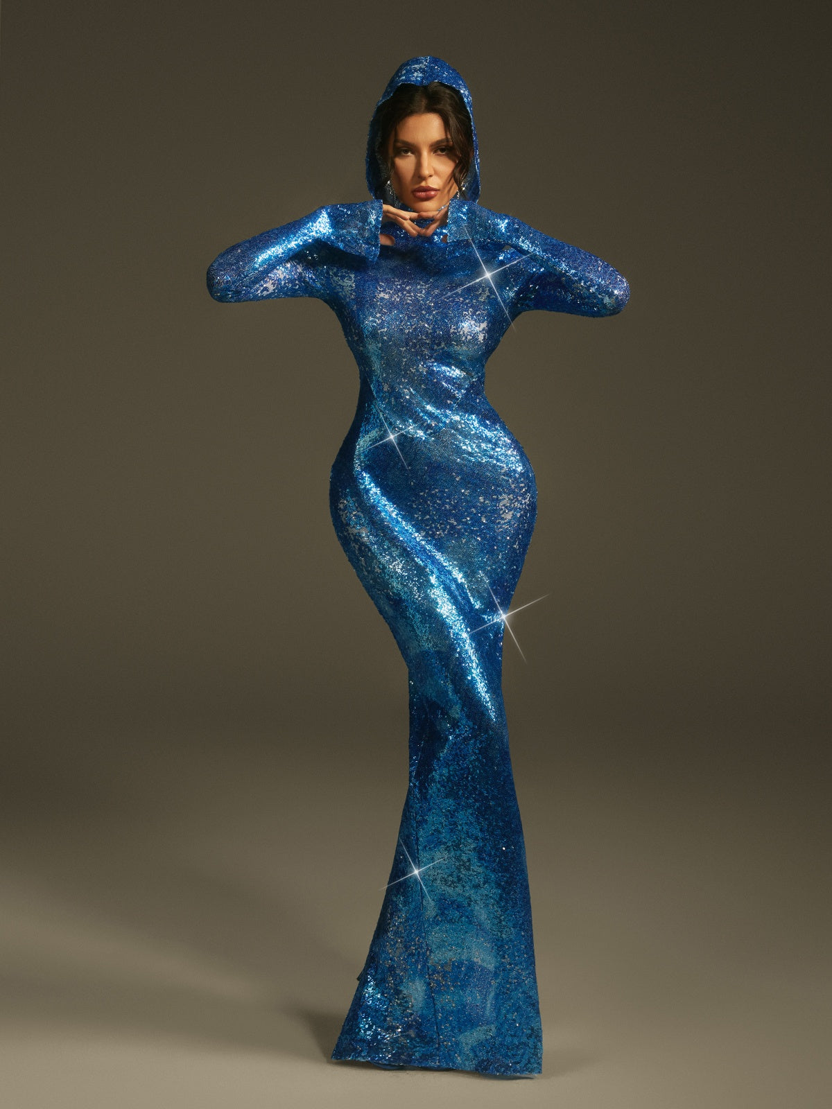 Ombre Long Sleeve Hooded Maxi Dress In Sapphire