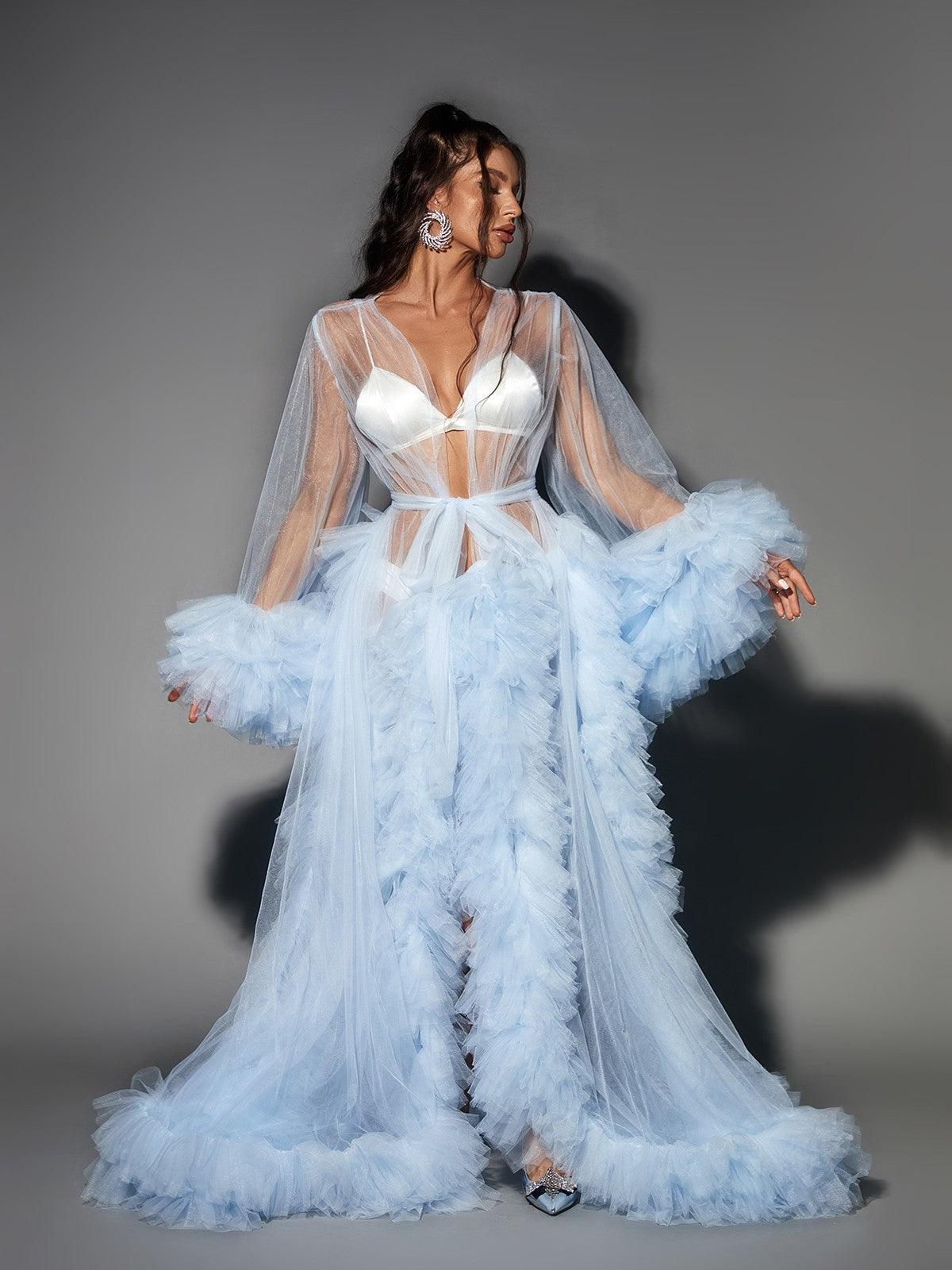 Long Sleeve Sheer Tulle Tiered Ruffle Maxi Robe