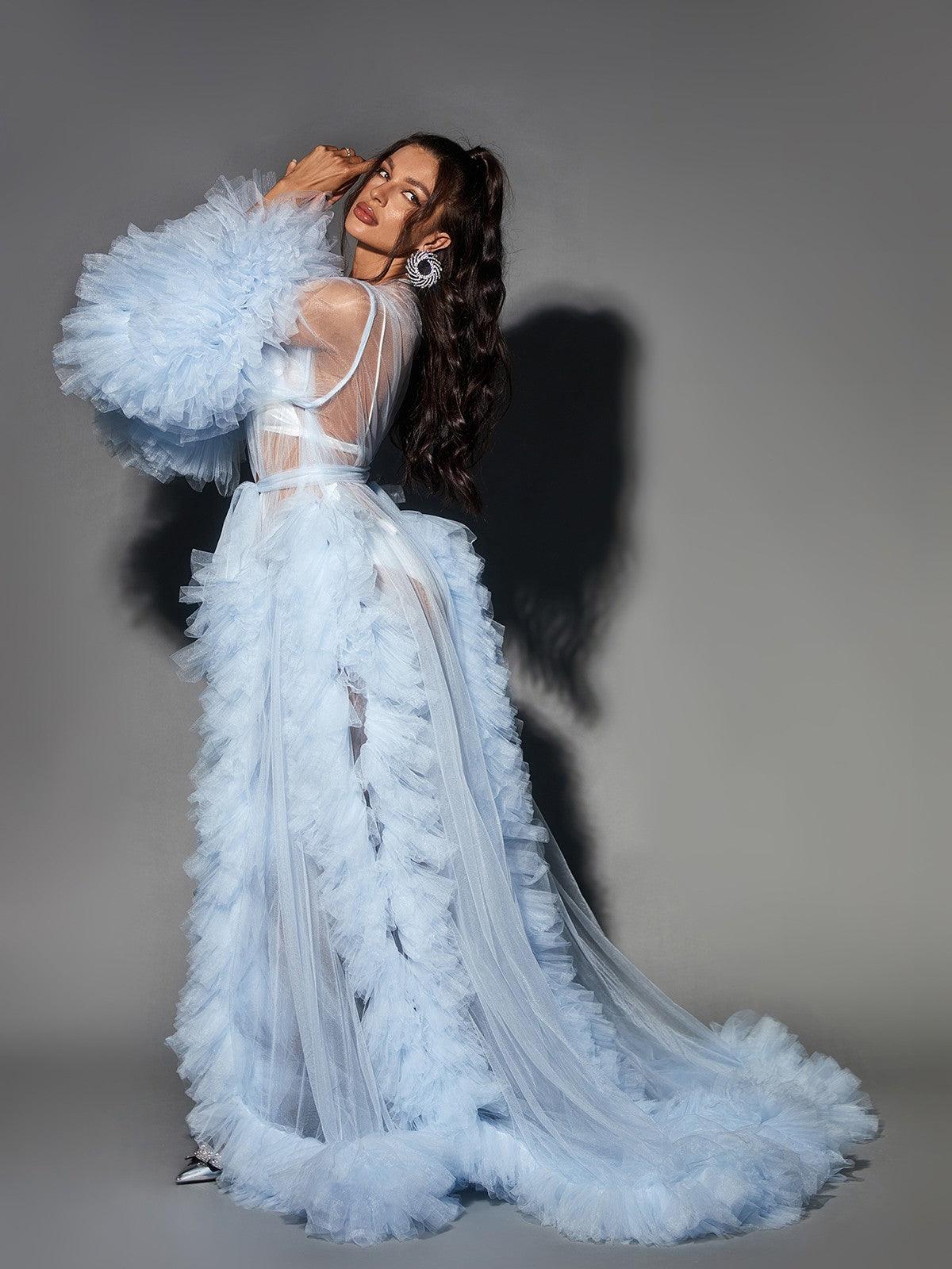 Long Sleeve Sheer Tulle Tiered Ruffle Maxi Robe
