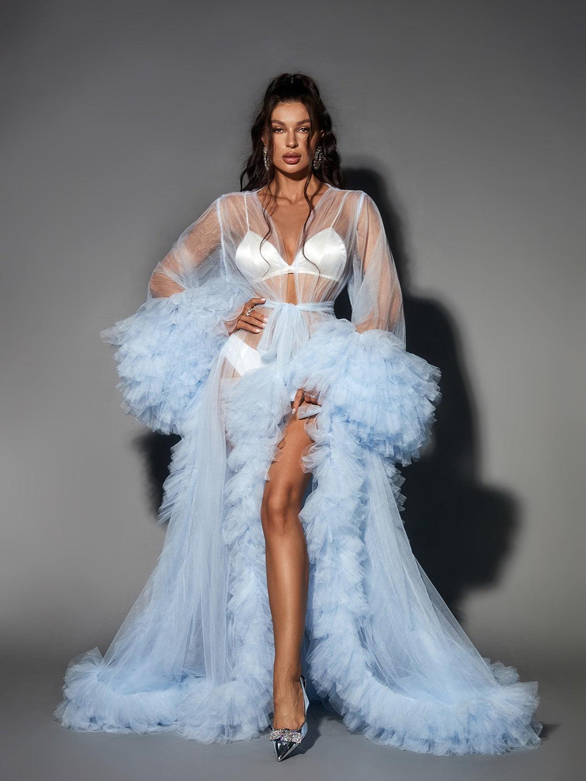 Long Sleeve Sheer Tulle Tiered Ruffle Maxi Robe