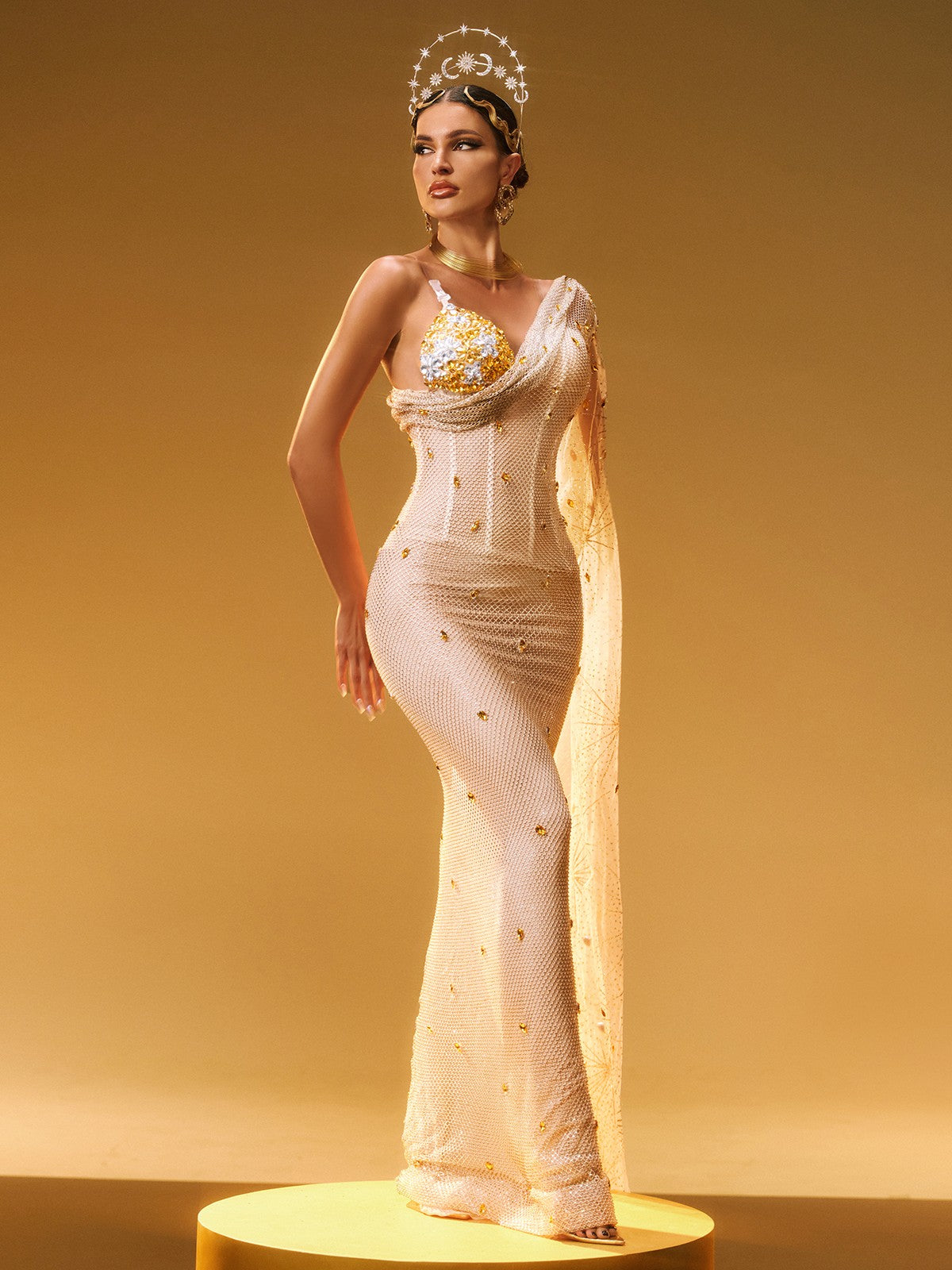 One Shoulder Rhinestone Maxi Dress