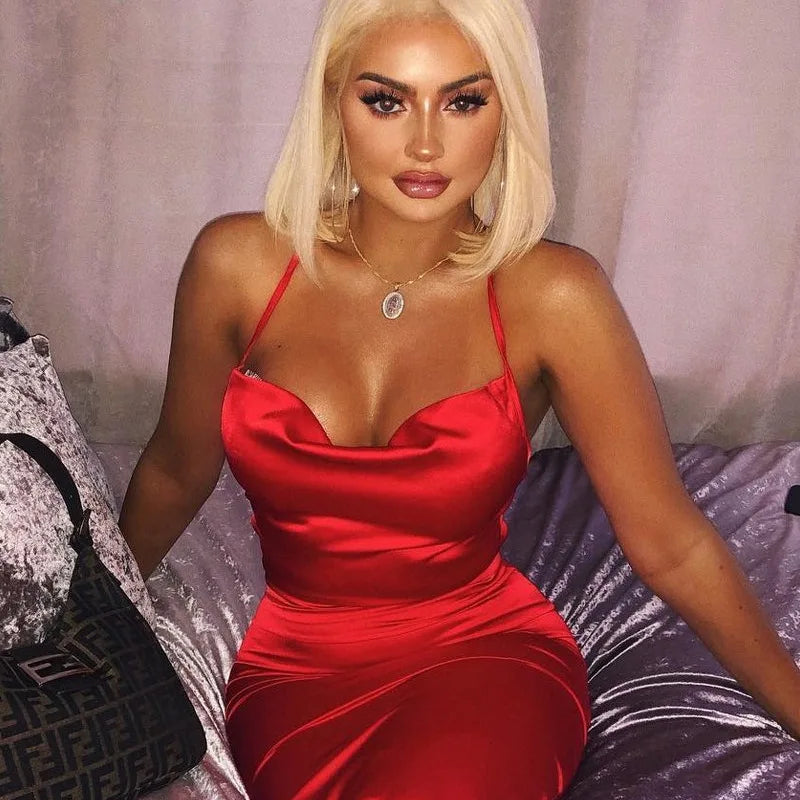 Satin Lace Up Pink Backless Midi Dress