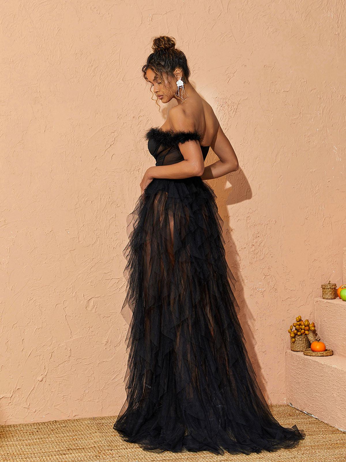 One Shoulder Tulle Maxi Dress In Black
