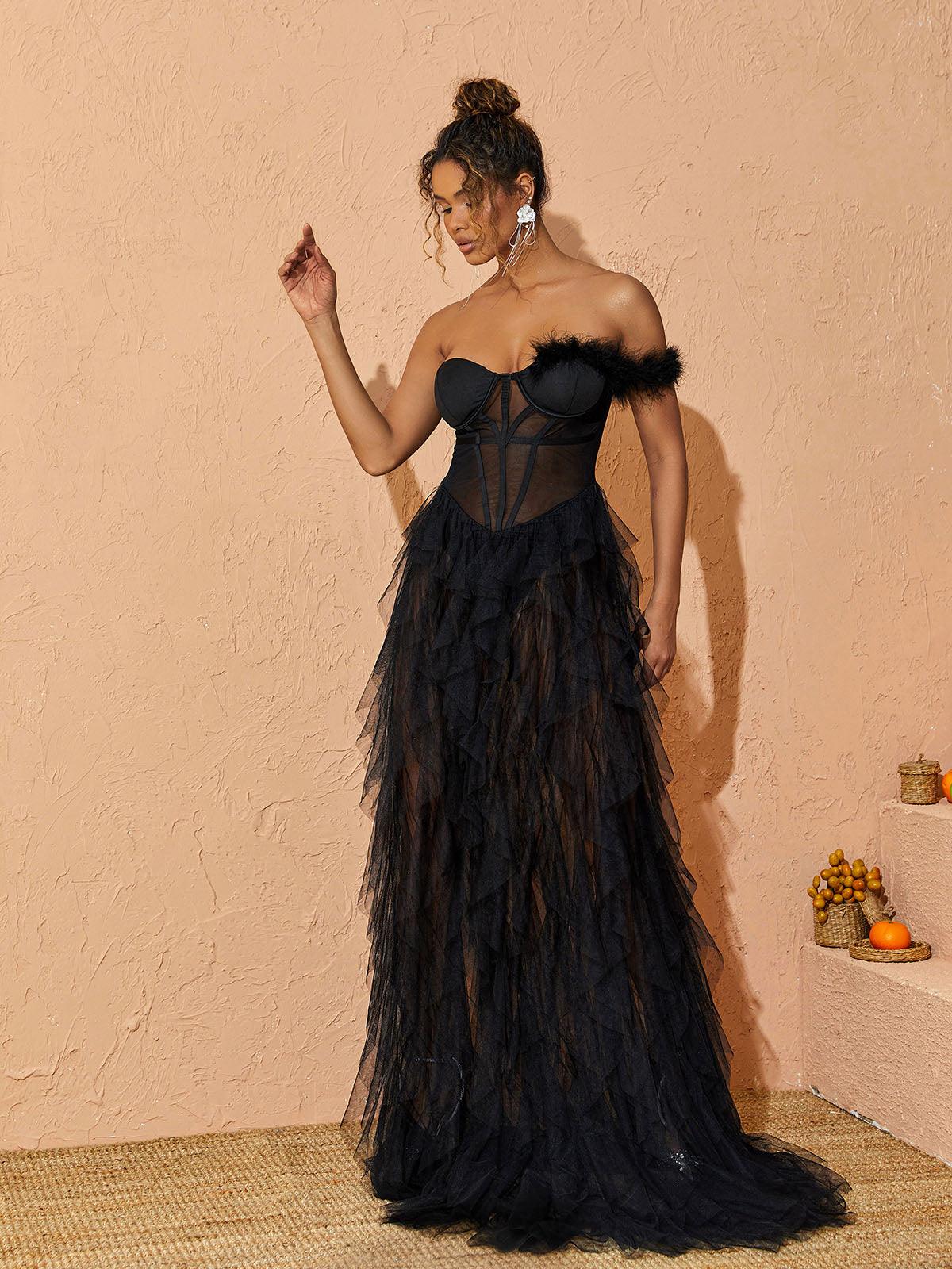One Shoulder Tulle Maxi Dress In Black