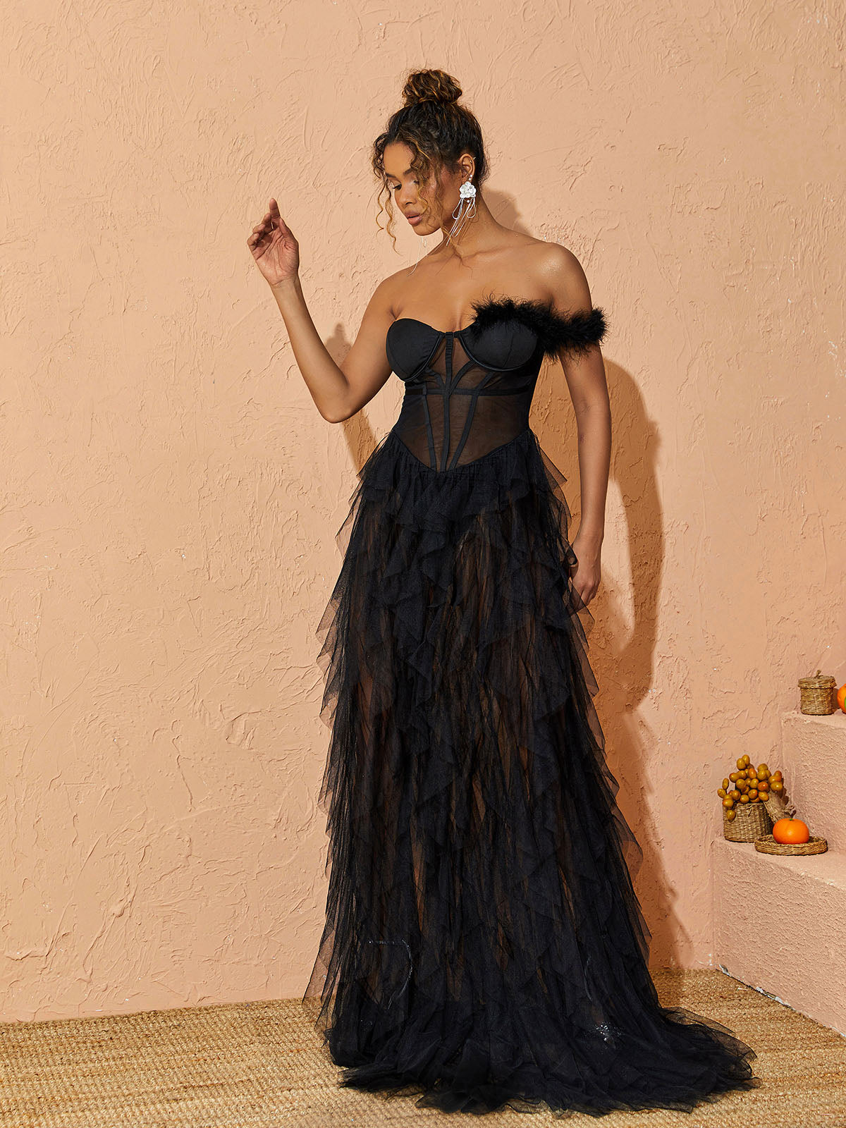 One Shoulder Feather Trim Corset Tiered Ruffle Tulle Maxi Gown
