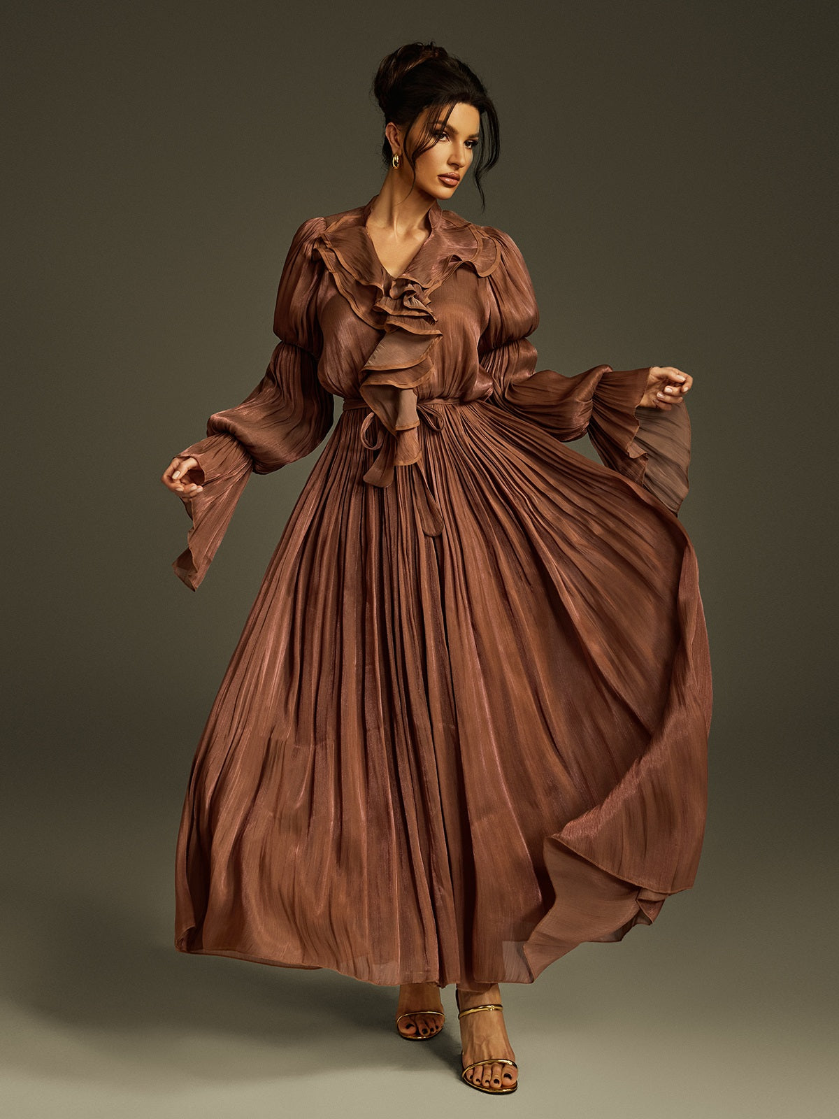 V Neck Ruffle Maxi Dress In Coffee