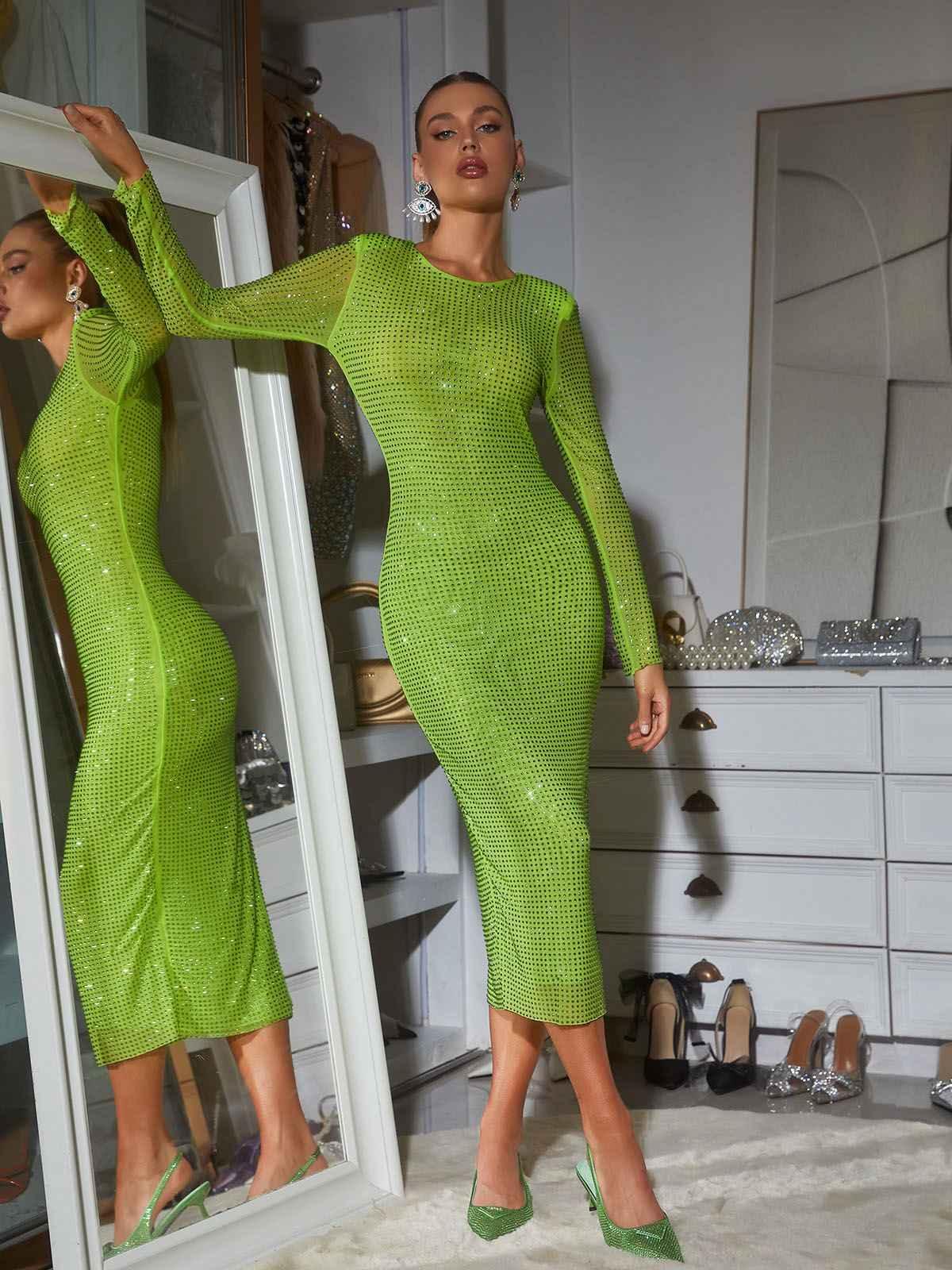 Long Sleeve Crystal Midi Dress In Green