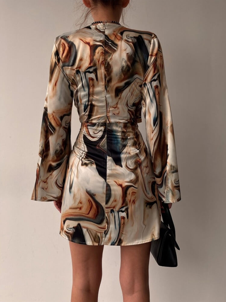 Neutral Swirl V-Neck Wrapfront Bodycon Short Dress