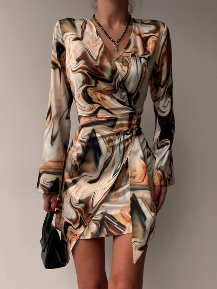 Neutral Swirl V-Neck Wrapfront Bodycon Short Dress