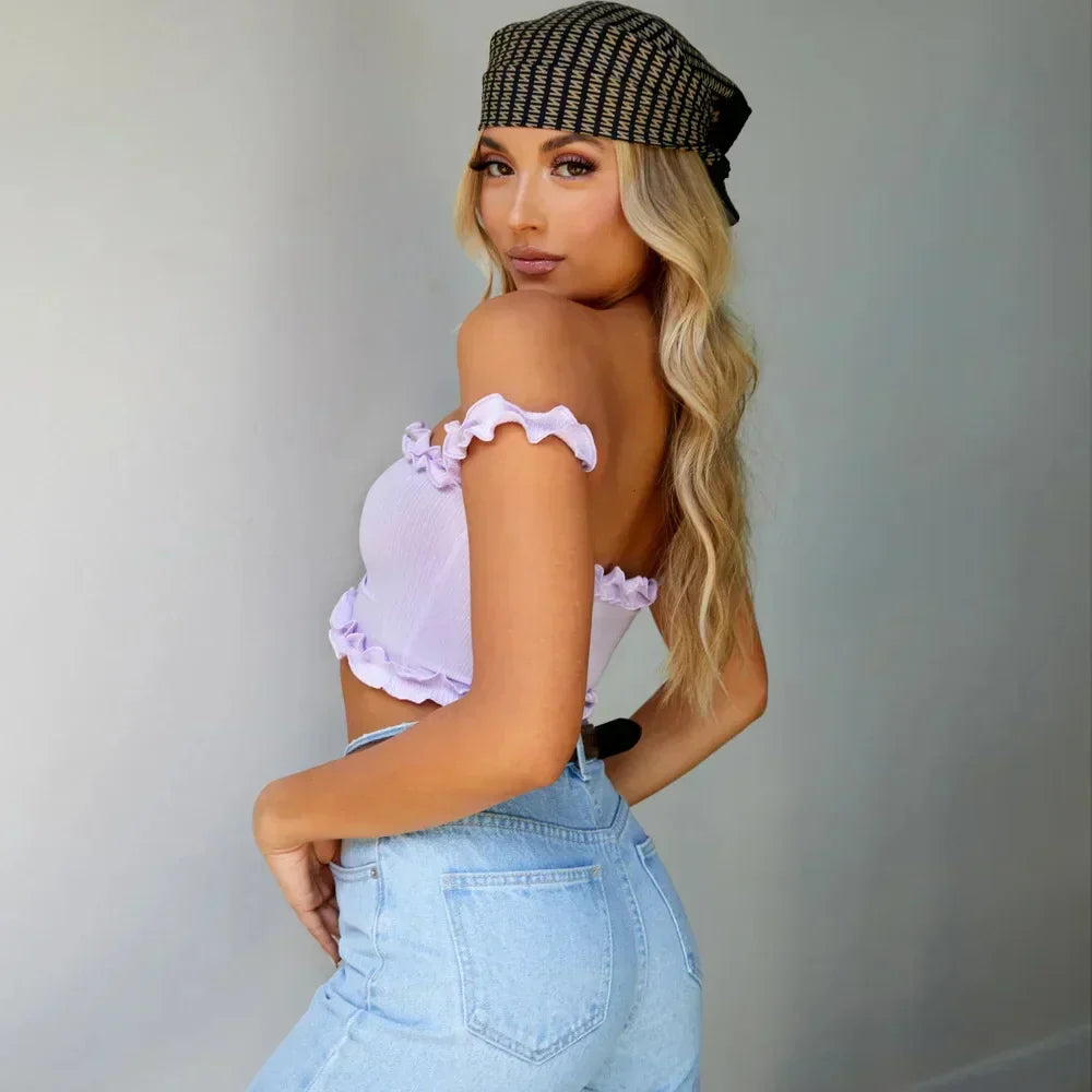 New Cute Purple Off Shouler Crop Ruffles t shirtTube For Women Summer Clothes Tank top