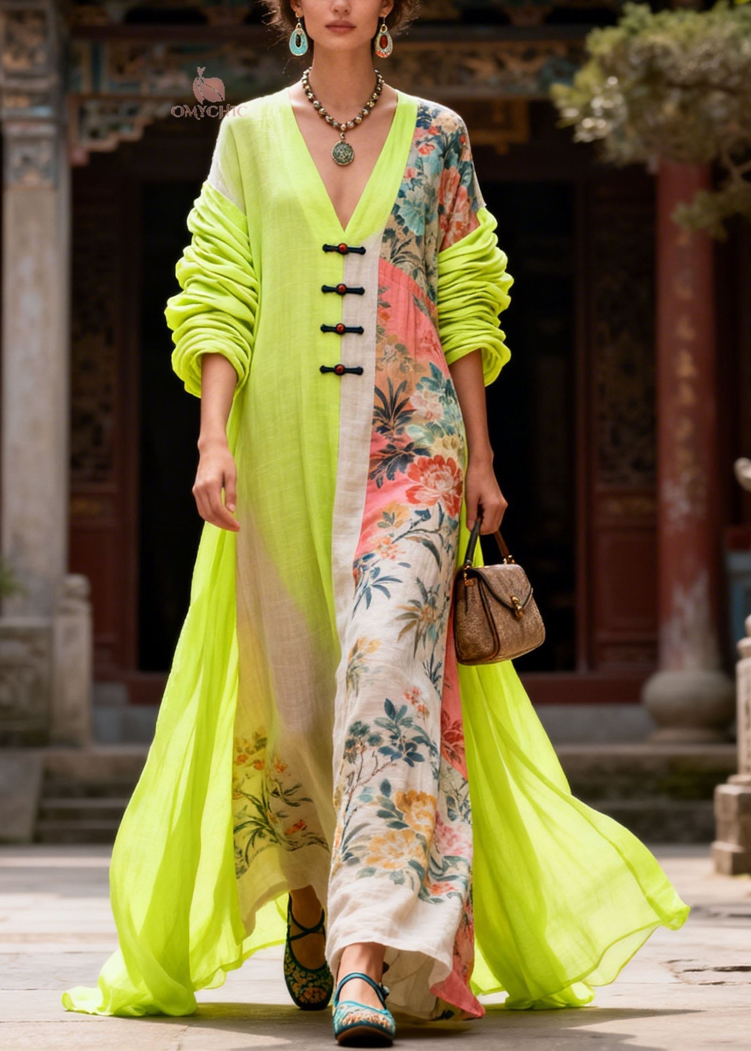 New Colorblock V Neck Print Patchwork Cotton Dress Summer