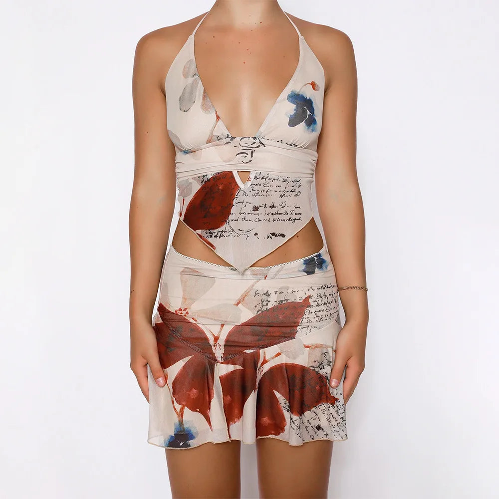 Deep Vneck Floral Halter Mini Skirt