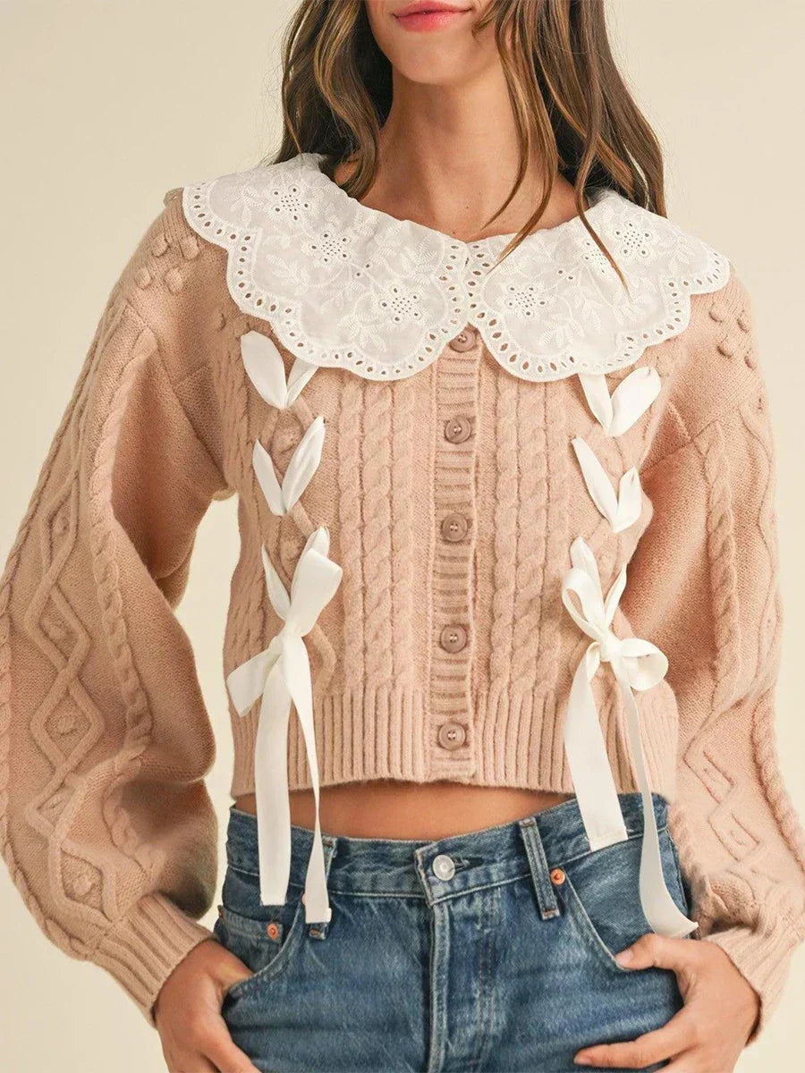 Doll Collar Tie-Up Long Sleeve Knit Cardigan pink / S