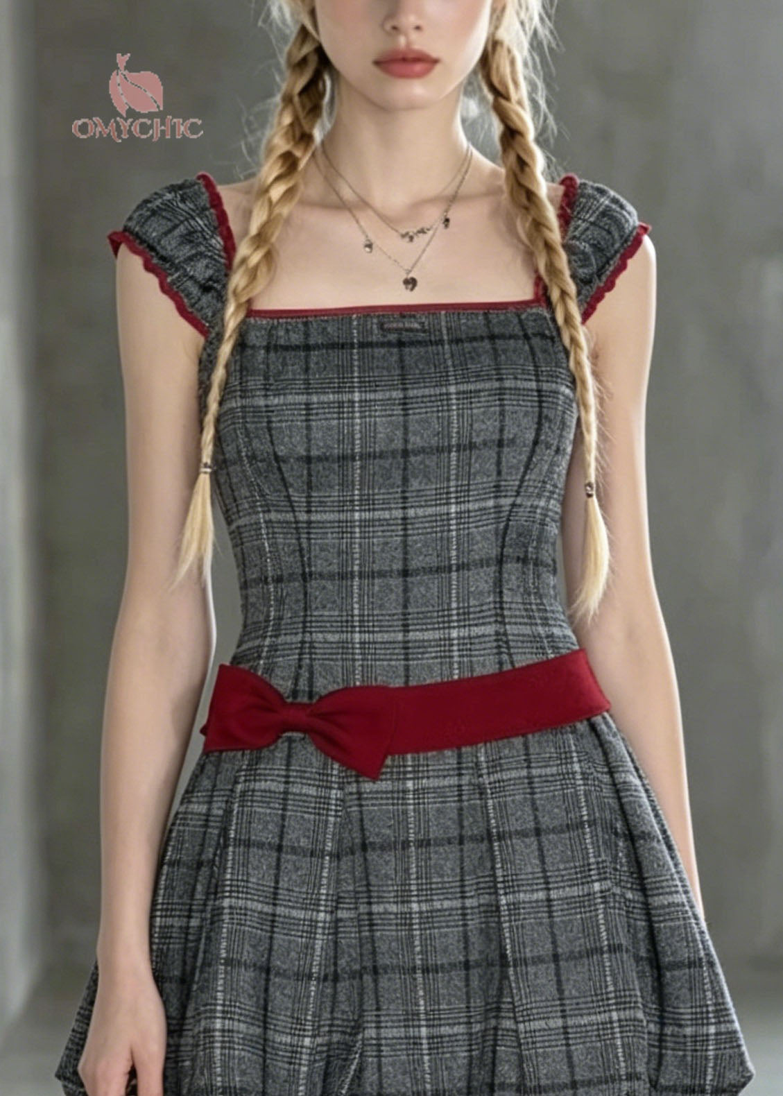 New Grey Square Collar Plaid Bow Cotton Mini Dresses Summer