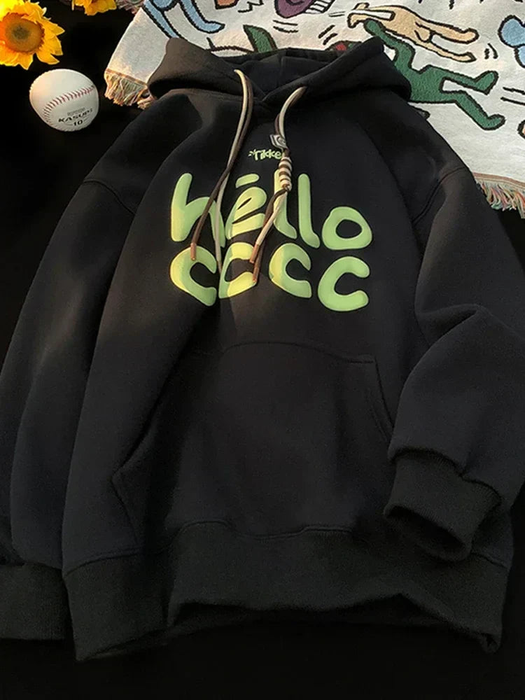 Korean Fashion Letter Printed Fleece Hoodie Black / M(40-50KG)