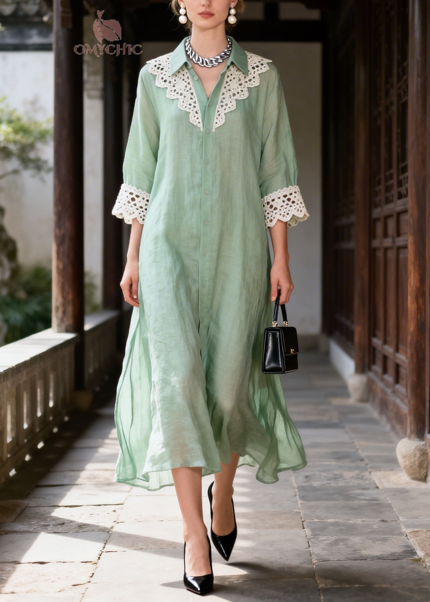 New Light Green Peter Pan Collar Lace Patchwork Cotton Dress Summer