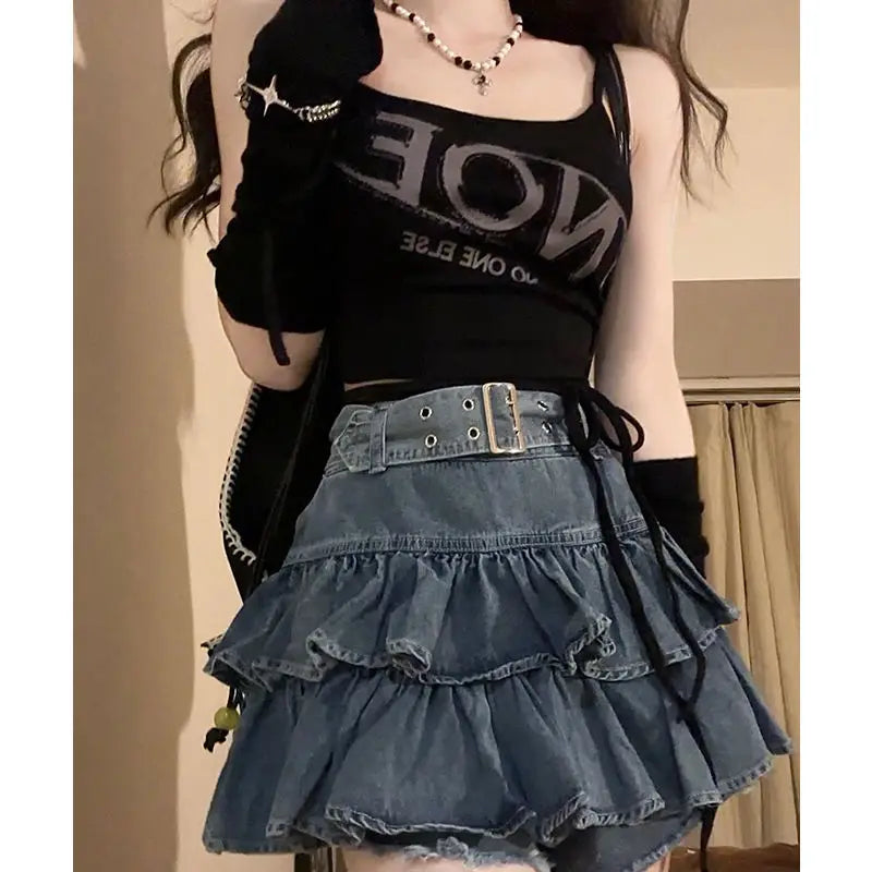 Retro Ruffled Fake Twopiece High Waist Cake Denim Skirt