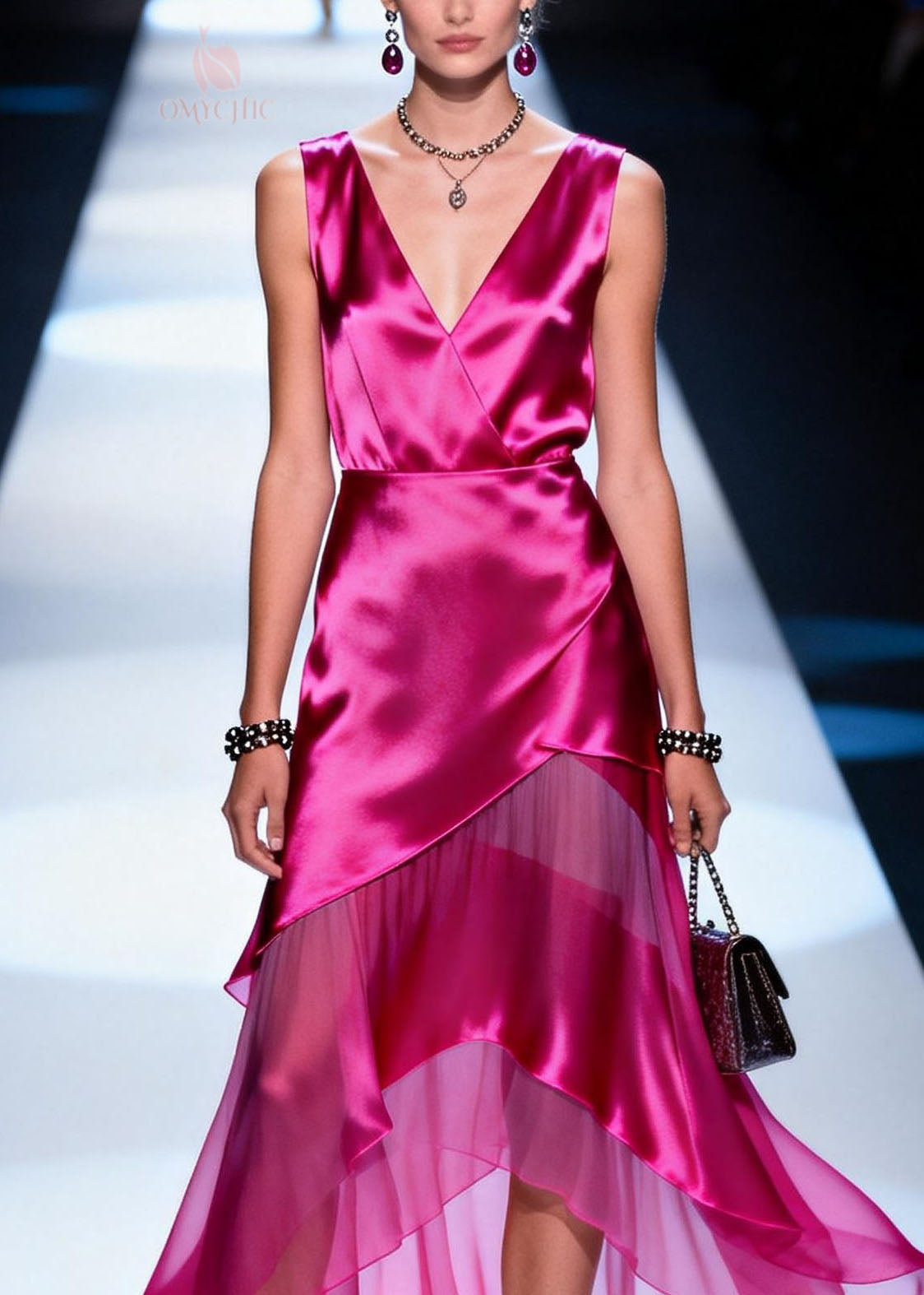 New Rose V Neck Asymmetrical Patchwork Chiffon Dresses Summer