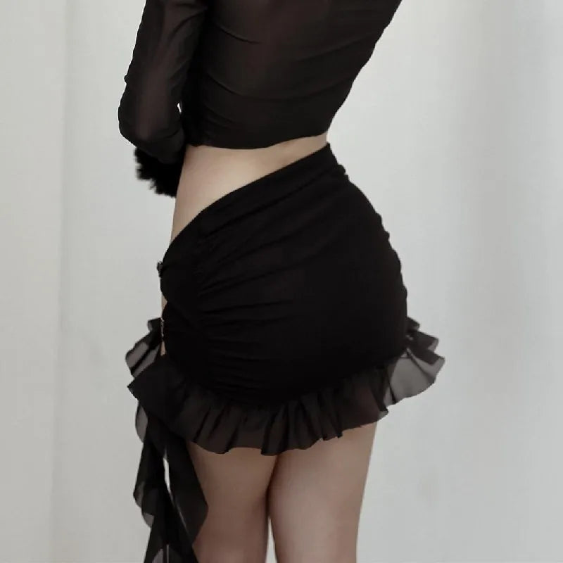 Sexy Black Ruffles Hollow Out Butterfly Highwaist Split Mini Skirt