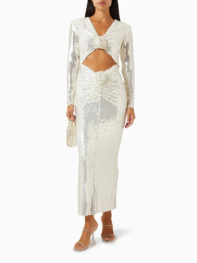 New Sexy Long Sleeves Luxury Sequins Slim Dress Hollow Flower Party Dress