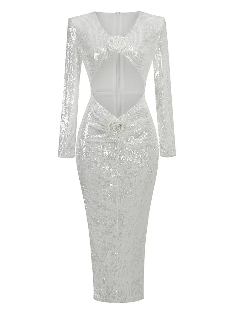 New Sexy Long Sleeves Luxury Sequins Slim Dress Hollow Flower Christmas Party White / S Dresses-L