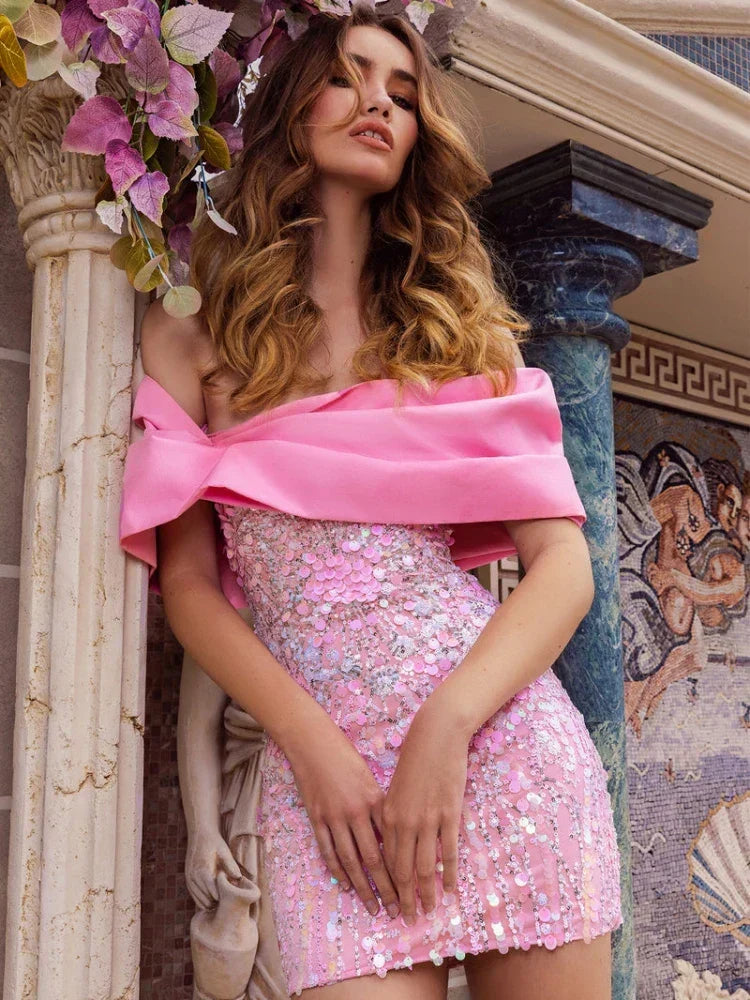 New Sexy Off Shoulder Sequins Pink Slash Neck Sparkly Elegant Party Dress