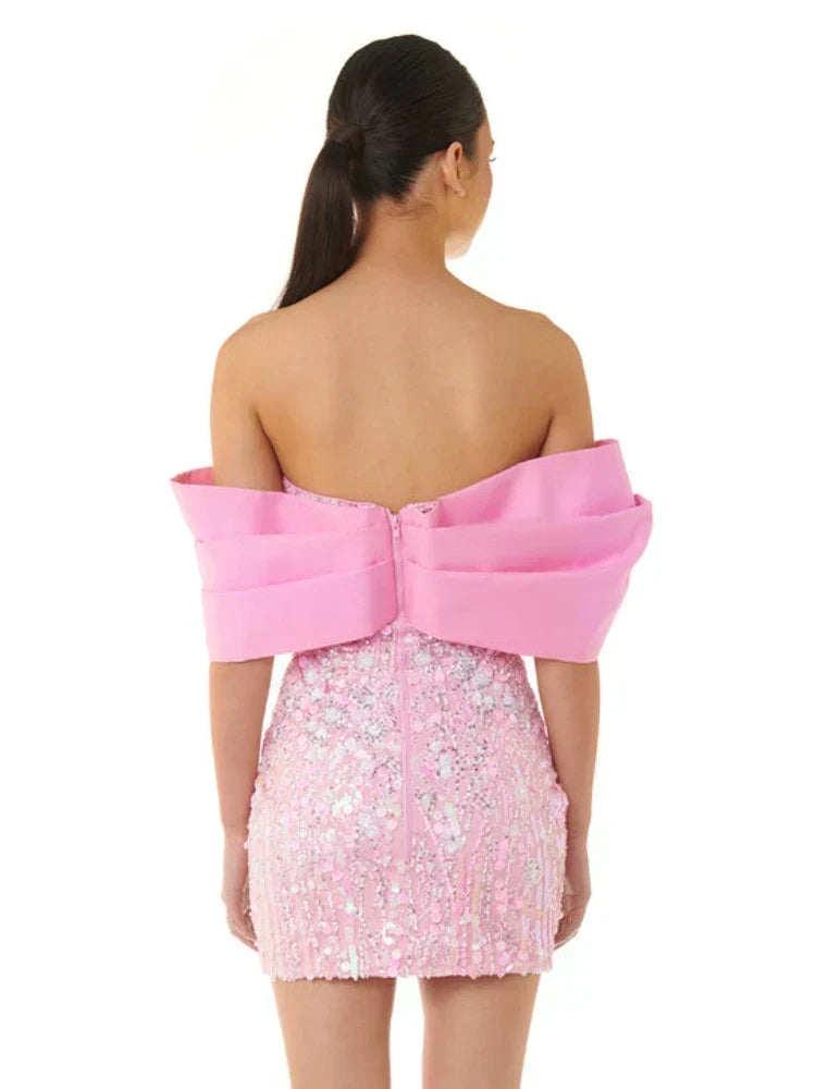 New Sexy Off Shoulder Sequins Pink Slash Neck Sparkly Elegant Party Dress