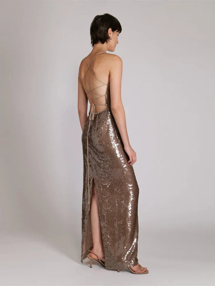 New Sexy Sleeveless Backless Lace-up Slim Long Dress Bright Sequins Party Dress