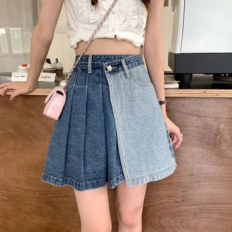 Streetwear Fashion Denim Contrast Color Patchwork Aline Mini Skirt