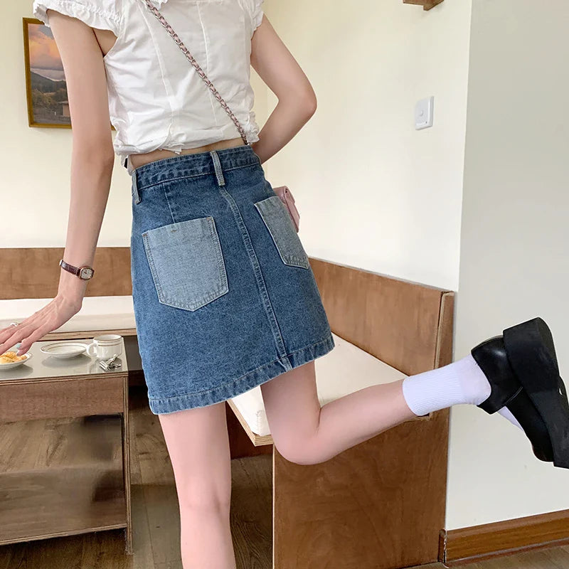 Streetwear Fashion Denim Contrast Color Patchwork Aline Mini Skirt