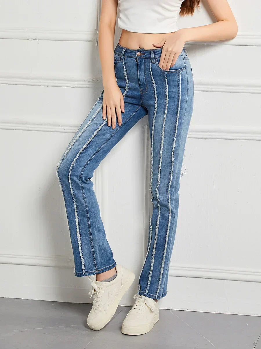 Stretch Flare Fashion Slim Splice Bottom Streetwear Denim Jean Blue / S