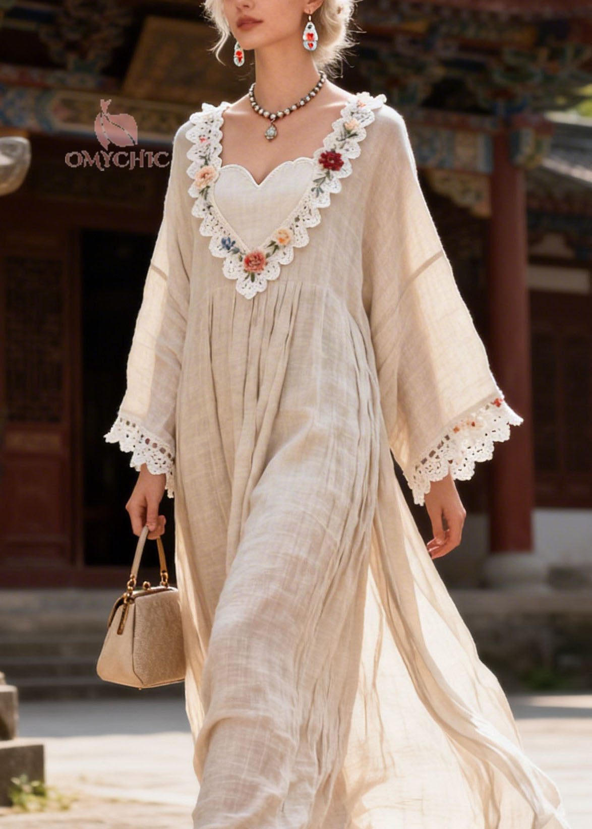 New V Neck Lace Floral Patchwork Cotton Dress Summer