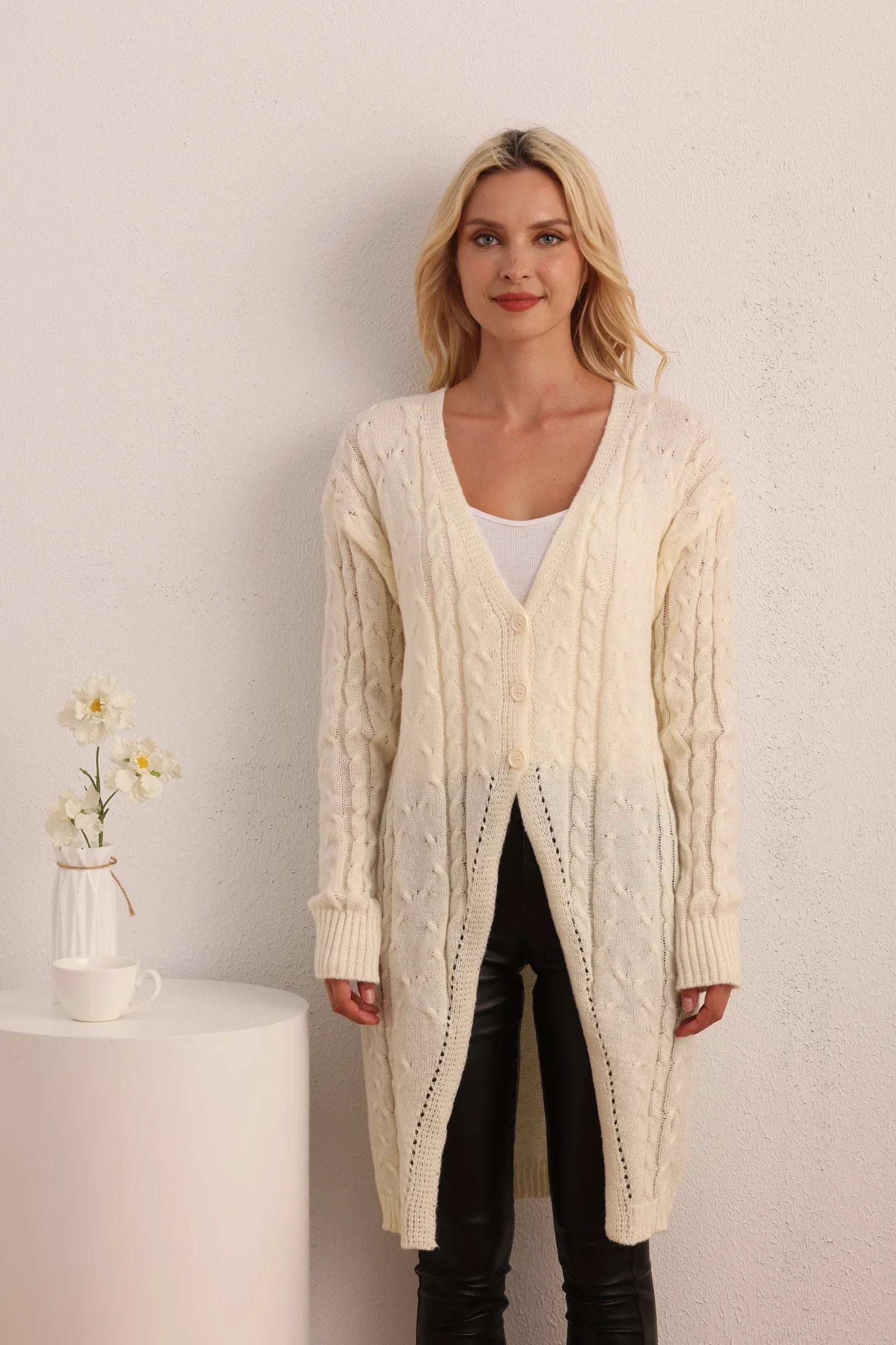 New Casual Long Knitted LongSleeved Twist Button Cardigan